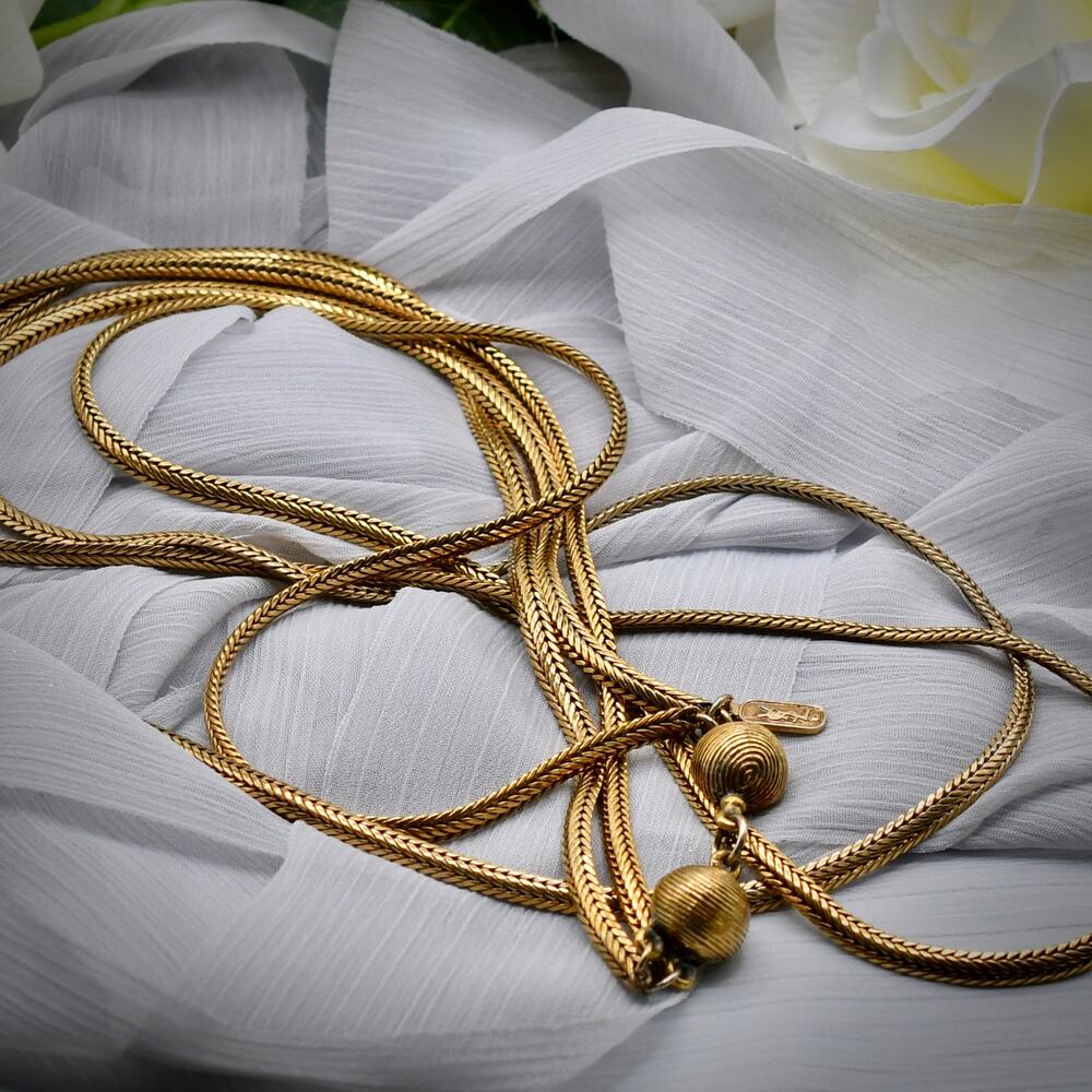 Vintage Yves Saint Laurent Gold Tone Signed YSL Herringbone Chain Necklacea